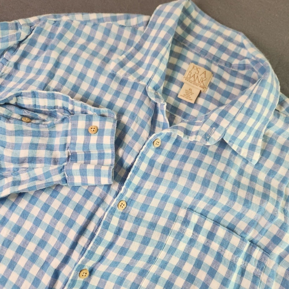 Jos A Bank 100% Linen Shirt Mens XL Blue checkered button‎ up Long Sleeve